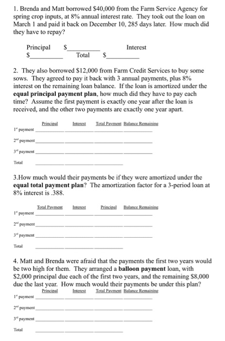 1. Brenda and Matt borrowed $40,000 from the Farm Service Agency for spring crop inputs, at 8% annual interest rate. They too
