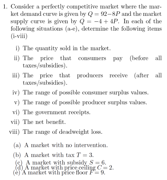 1. Consider a perfectly competitive market where the mar- ket demand curve is given by Q = 92-8P and the market supply curve