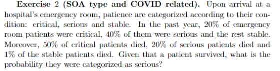 Exercise 2 (SOA type and COVID related). Upon arrival at a hospitals emergency room, patience are categorized according to t