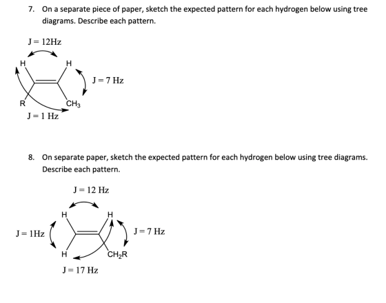 7. On a separate piece of paper, sketch the expected pattern for each hydrogen below using tree diagrams. Describe each patte