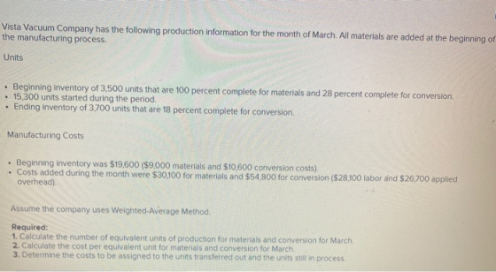 Vista Vacuum Company has the following production information for the month of March. All materials are added at the beginnin