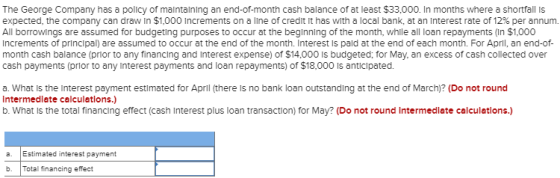 The George Company has a policy of maintaining an end-of-month cash balance of at least $33,000. In months where a shortfall