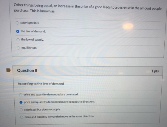 Other things being equal, an increase in the price of a good leads to a decrease in the amount people purchase. This is known