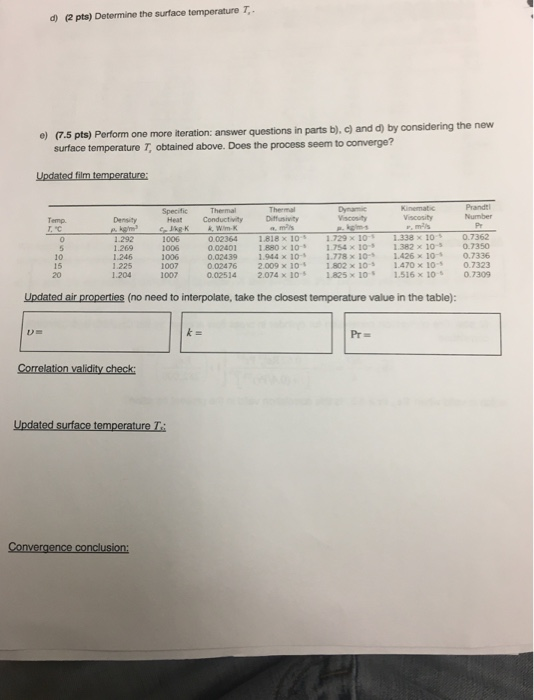 d) (2 pts) Determine the surface temperature T o) (7.5 pts) Perform one more teration: answer questions in parts b), @) and d) by considering the new temperature T, obtained above. Does the process seem to converge? Updated film temperature Prandt Number Thermal Dynamie Viscosity Specific Temp Densty Heat Conductivity Diffusivity Viscosity Pr 0 02364 İ818 x 10-s 1.729xio-s 1.338 x 10., 0.7362 0.02401 1880 x 10- 1.754 10 1.382 x 10-s 0.7350 0.02439 1.944×10-s 1.778×10-5 1.426×10-4 0.7336 0.02476 2.009 x 10-1802x10s1470 x 100.7323 0.02514 2.074 × 10.5 1X5 × 10 s 1.516 x 10 s 0.7309 1.292 1006 10 15 20 1.246 1.225 1.204 1007 1007 Updated air properties (no need to interpolate, take the closest temperature value in the table): Convergence conclusion