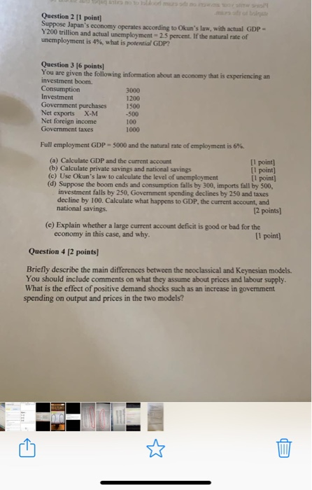 tes no to 1ldood ms sd no s 0 mW S rsa of bolnat Question 2 [1 point Suppose Japans economy operates according to Okuns law