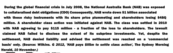 During the global financial crisis In July 2008, the National Australia Bank (NAB) was exposed to collateralised debt obligat