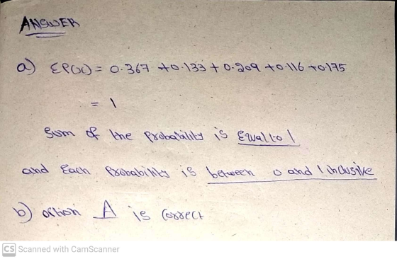 ANSWER a) EPGC) = 0.367 to 133 + 0.209 to 116 to 175 som of the probability is equal to 1 and fach, probability is between o