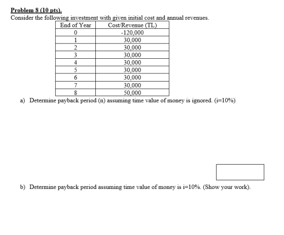 Problem 8 (10 pts). Consider the following investment with given initial cost and annual revenues. End of Year Cost/Revenue (