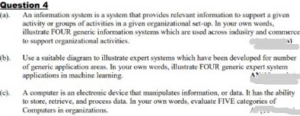 Question 4 An information system is a system that provides relevant information to support a given activity or groups of acti