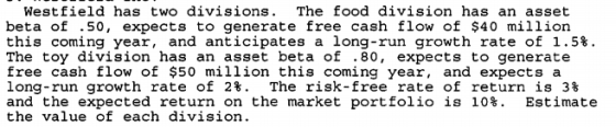Westfield has two divisions beta of .50, expects to generate f ree cash flow of $40 million this coming year, and anticipates