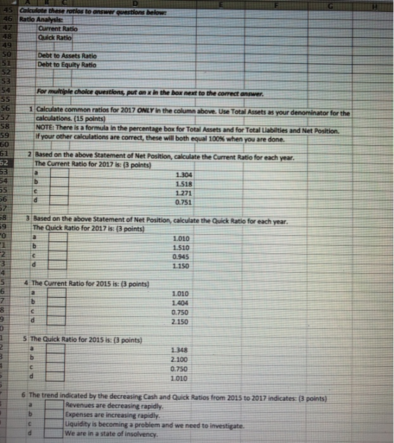 45 Calculate these ratios to answer questions below: 46 Ratio Analysis: Current Ratio 47 48 Quick Ratio 49 50 Debt to Assets