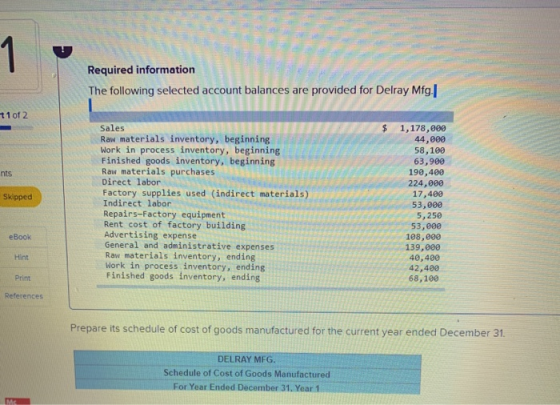 Required information The following selected account balances are provided for Delray Mfg. t 1 of 2 nts Skipped Sales Raw mate