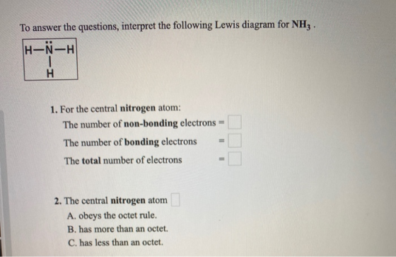 To answer the questions, interpret the following Lewis diagram for NH3 . H-NH H 1. For the central nitrogen atom: The number