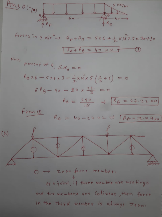 Skr/m AY 6m um 2 forces in y dir RATRB = 5x 6 + 1 x 9 x 5=30+10 TRA+RB = 40 kn t o Now, moment at A, EMA=0 Rox6-5X6x3 - 1 x