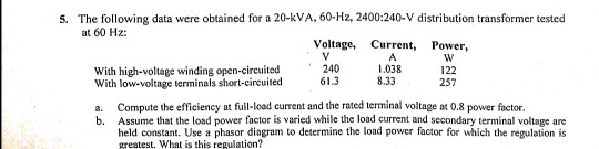 The following data were obtained for a 20-kVA, 60-Hz, 2400:240-V distribution transformer tested 5. at 60 Hz Power Voltage V