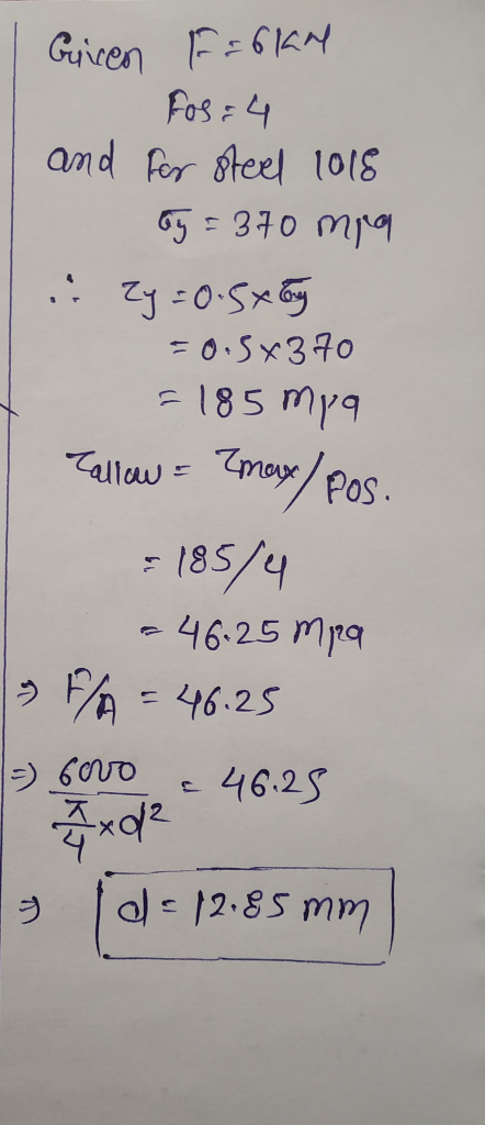 Guiren F=6Kn fos = 4 and for steel 1018 by = 370 mra Zy=0.5x65 =0.5x370 = 185 mpa Tallow = 2max/pos. = 185/4 = 46.25 mpa » F/