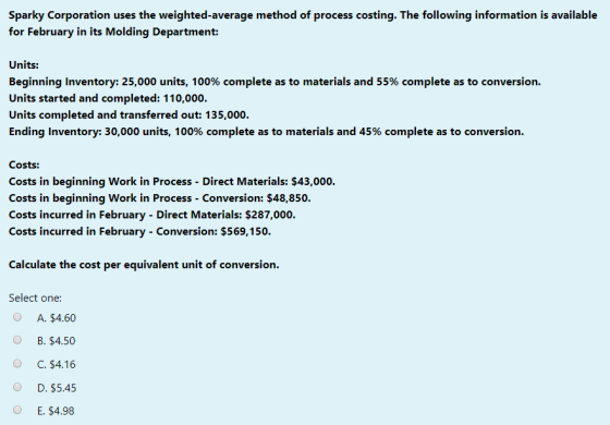 Sparky Corporation uses the weighted average method of process costing. The following information is available for February i