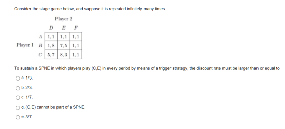 Consider the stage game below, and suppose it is repeated infinitely many times. Player 2 DEF A 1, 1,1 1,1 Player I B 1,8 7,5 1,1 C 5,7 8,3 1,1 To sustain a SPNE in which players play (C,E) in every period by means of a trigger strategy, the discount rate must be larger than or equal to O a. 1/3 O b. 2/3 O d. (C,E)cannot be part of a SPNE