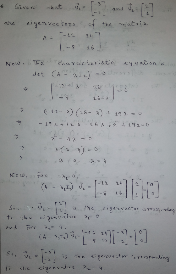 * Given that ü [-] and - 2 are eigen vectors of the matrix - 12 A = 24 2 1-4 16 6 Now, The characteristic equation is a det (