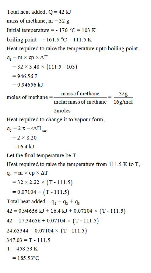Total heat added, Q 42 kJ mass of methane, m 32 g Initial temperature =-170。C = 103 K boiling point-- 161.5 °C 111.5 K Heat r