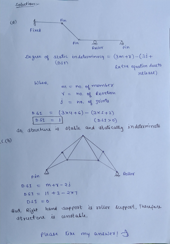 solution Pin Fixed pin Roller pin Degree of static in determinacy (DST) (3m+8)-(31+ Extra equation due to release) Where, mem