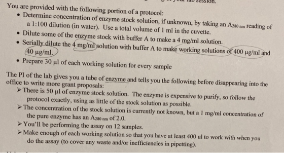 You are provided with the following portion of a protocol: Determine concentration of enzyme stock solution, if unknown, by t