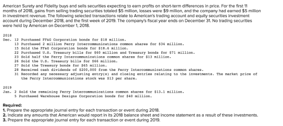 American Surety and Fidelity buys and sells securities expecting to earn profits on short-term differences in price. For the first 11 months of 2018, gains from selling trading securities totaled $5 million, losses were $9 million, and the company had earned $5 million in investment revenue. The following selected transactions relate to Americans trading account and equity securities investment account during December 2018, and the first week of 2019. The companys fiscal year ends on December 31. No trading securities were held by American on December 1, 2018 2018 Dec. 12 Purchased FF&G Corporation bonds for $18 million. 13 Purchased 2 million Ferry Intercommunications common shares for $34 million 15 Sold the FF&G Corporation bonds for $18.6 million. 22 Purchased U.S. Treasury bills for $60 million and Treasury bonds for $71 million 23 Sold half the Ferry Intercommunications common shares for $13 million. 26 Sold the U.S. Treasury bills for $66 million 27 Sold the Treasury bonds for $65 million. 28 Received cash dividends of $200,000 from the Ferry Intercommunications common shares. 31 Recorded any necessary adjusting entry (s) and closing entries relating to the investments. The market price of the Ferry Intercommunications stock was $13 per share. 2019 Jan. 2 Sold the remaining Ferry Intercommunications common shares for $13.1 million. 5 Purchased Warehouse Designs Corporation bonds for $40 million. Required: 1. Prepare the appropriate journal entry for each transaction or event during 2018 2. Indicate any amounts that American would report in its 2018 balance sheet and income statement as a result of these investments. 3. Prepare the appropriate journal entry for each transaction or event during 2019