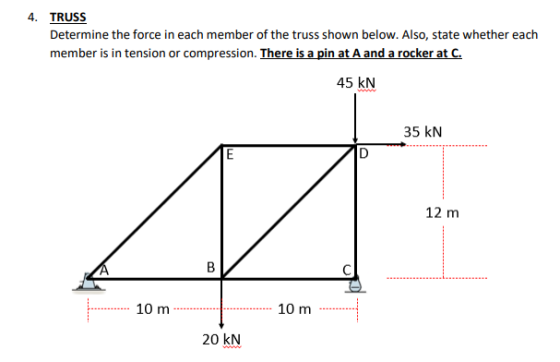 4. TRUSS Determine the force in each member of the truss shown below. Also, state whether each member is in tension or compre