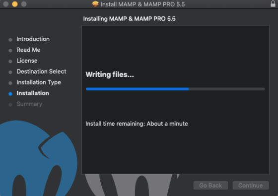 Install MAMP & MAMP PRO 5.5 Installing MAMP & MAMP PRO 5.5 Introduction Read Me Writing files... License Destination Select I