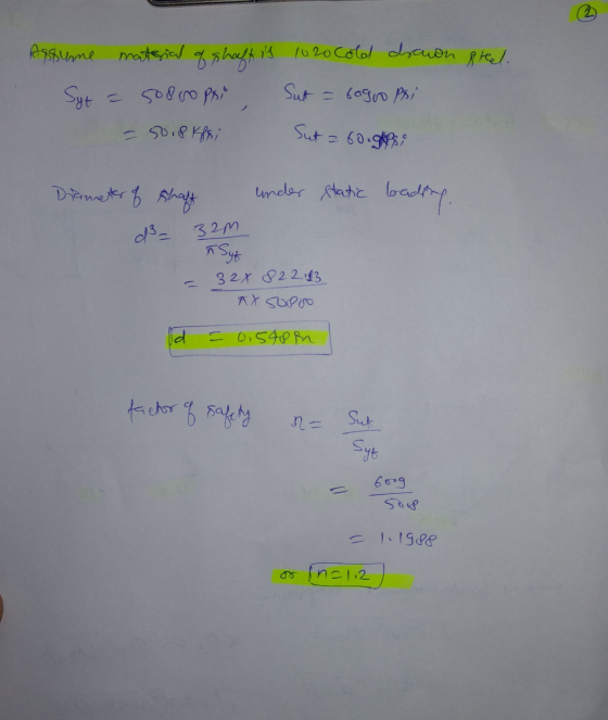 Assume material q shaft is is 1020 cold drawn freel. 50800 pri Sut = 60gro pri Syt = - 50.8kpsi Sut z6o.glesi Diameter of sha