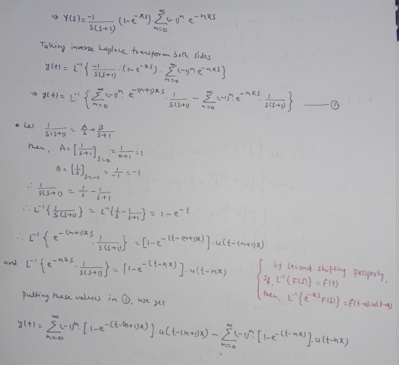 Y(8)= -1 S(5+1) (1-2 *) Žu-o?echas Taking inverse Laplace transform both sides Y(H) = [{J (+) (sets). Eine nas] no →YLt)= L