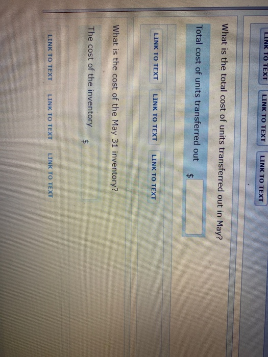 LINK TO TEXT LINK TO TEXT LINK TO TEXT What is the total cost of units transferred out in May? Total cost of units transferre
