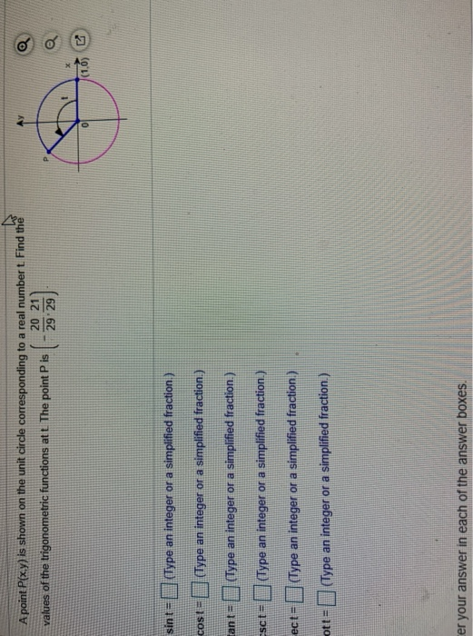 Ay A point P(x,y) is shown on the unit circle corresponding to a real number t. Find the 20 21 values of the trigonometric fu