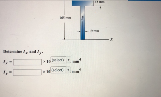 38 mm y 165 mm 19 mm X Determine Ix and Iy 4 mm x 10 (select) 4 mm x 10 (select) Iy Il
