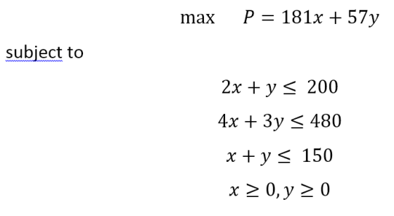 Р 3 181х + 57у max subject to 2х + у < 200 4х + 3у < 480 х+у< 150 х 2 0, у 20