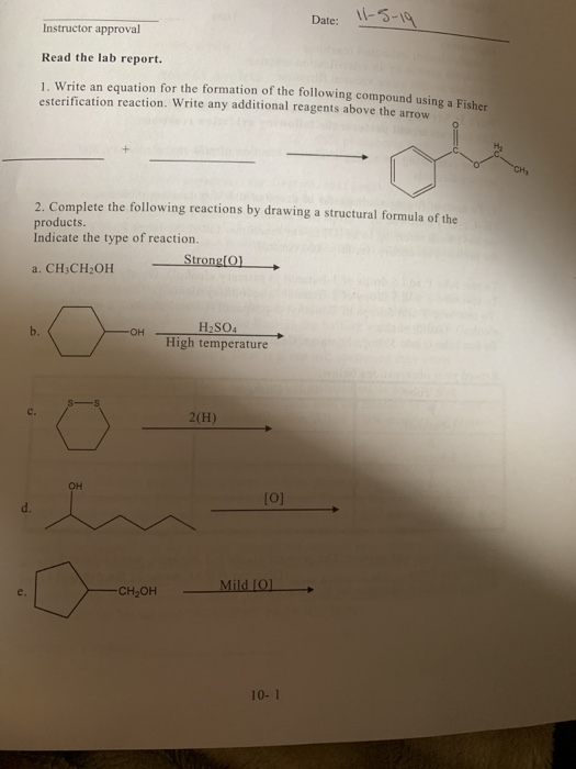 Date: 11-5-19 Instructor approval Read the lab report. 1. Write an equation for the formation of the following compound using