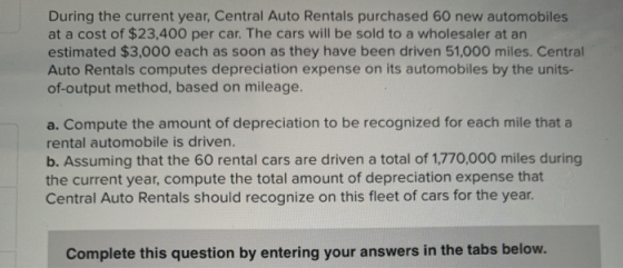 During the current year, Central Auto Rentals purchased 60 new automobiles at a cost of $23,400 per car. The cars will be sol