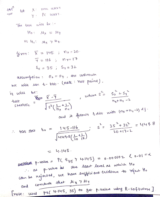 y: PC users. The test will be in 1. Ho: lx = My Us Hi: elx >lly. Given: T = 145 ; nx = 20 Ý = 116 ; ny=17 Sx = 35 ; Sy = 32 a