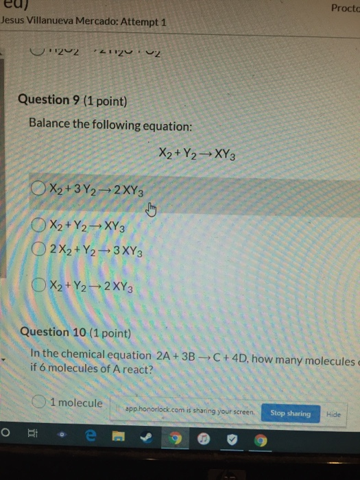 eu) Procta Jesus Villanueva Mercado: Attempt 1 122 21122 Question 9 (1 point) Balance the following equation: X2 + V₂ → XY3 G