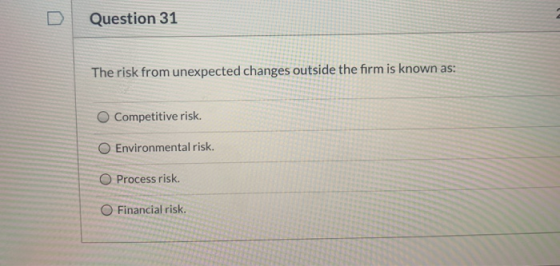 Question 31 The risk from unexpected changes outside the firm is known as: O Competitive risk. O Environmental risk. O Proces