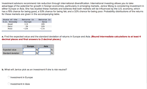 Investment advisors recommend risk reduction through international diversification. International investing allows you to take advantage of the potential for growth in foreign economies, particularly in emerging markets. Janice Wong is considering investment in either Europe or Asia. She has studied these markets and believes that both markets will be influenced by the U.S. economy, which has a 15% chance for being good, a 53% chance for being fair, and a 32% chance for being poor. Probability distributions of the returns for these markets are given in the accompanying table State of the U.S. Economy Good Fair Poor Returns in Europe Returns in Asia 11% 3% -12% 18% 12% -11% a. Find the expected value and the standard deviation of returns in Europe and Asia. (Round intermediate calculations to at least 4 decimal places and final answers to 2 decimal places.) Europe Asia Expected value Standard deviation b. What will Janice pick as an investment if she is risk neutral? Investment in Europe C Investment in Asia