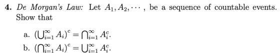 4. De Morgans Law: Let A, A2,. , be a sequence of countable events. Show that