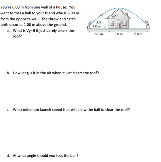 Youre 6.00 m from one wall of a house. You want to toss a ball to your friend who is 6.00 m from the opposite wall. The throw and catch both occur at 1.00 m above the ground. 45° 3.0 m 1.0 m What is Vyo if it just barely clears the roof? a. 6.0 m 6.0 m 6.0 m b. How long is it in the air when it just clears the roof? c. What minimum launch speed that will allow the ball to clear the roof? d. At what angle should you toss the ball?