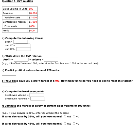 Question 1: CVP relation Sales volume in units 100 Revenue $8,000 Variable costs $7,000 Contribution margin $1,000 Fixed cost