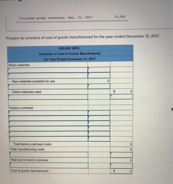 Finished goods inventory, Dec. 31, 2017 72,000 Prepare its schedule of cost of goods manufactured for the year ended December