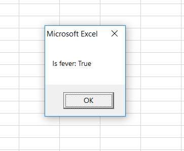 Microsoft Excel X Is fever: True OK