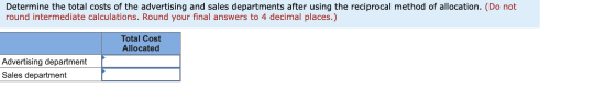 Determine the total costs of the advertising and sales departments after using the reciprocal method of allocation. (Do not r