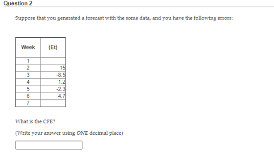 Question 2 Suppose that you generated a forecast with the some data, and you have the following errors: Week (ET) 1 2 3 4 5 6