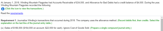At January 1, 2018, Winding Mountain Flagpoles had Accounts Receivable of $34,000, and Allowance for Bad Debts had a credit b