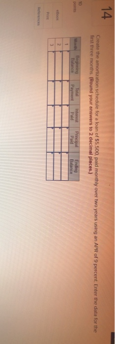 14 Create the amortization schedule for a loan of $5,500, paid monthly over two years using an APR of 9 percent. Enter the da